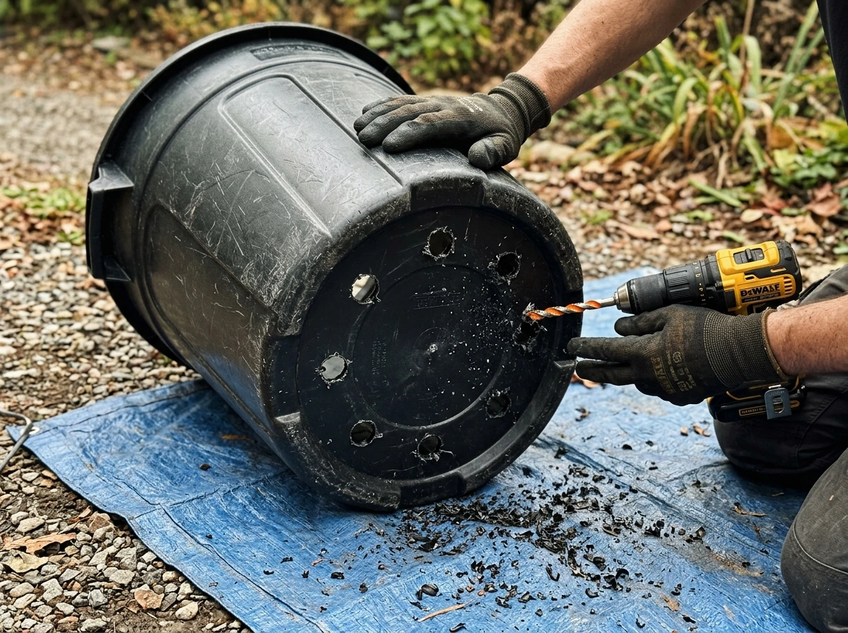 Trash can ready for planting with drainage holes drilled at the bottom