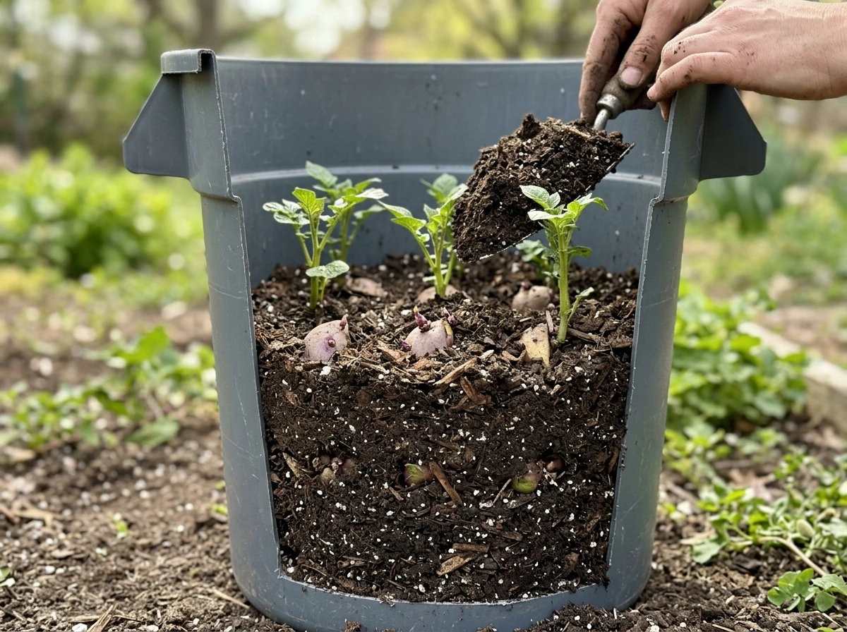 Layering soil and hilling inside a trash can with cut-away depth