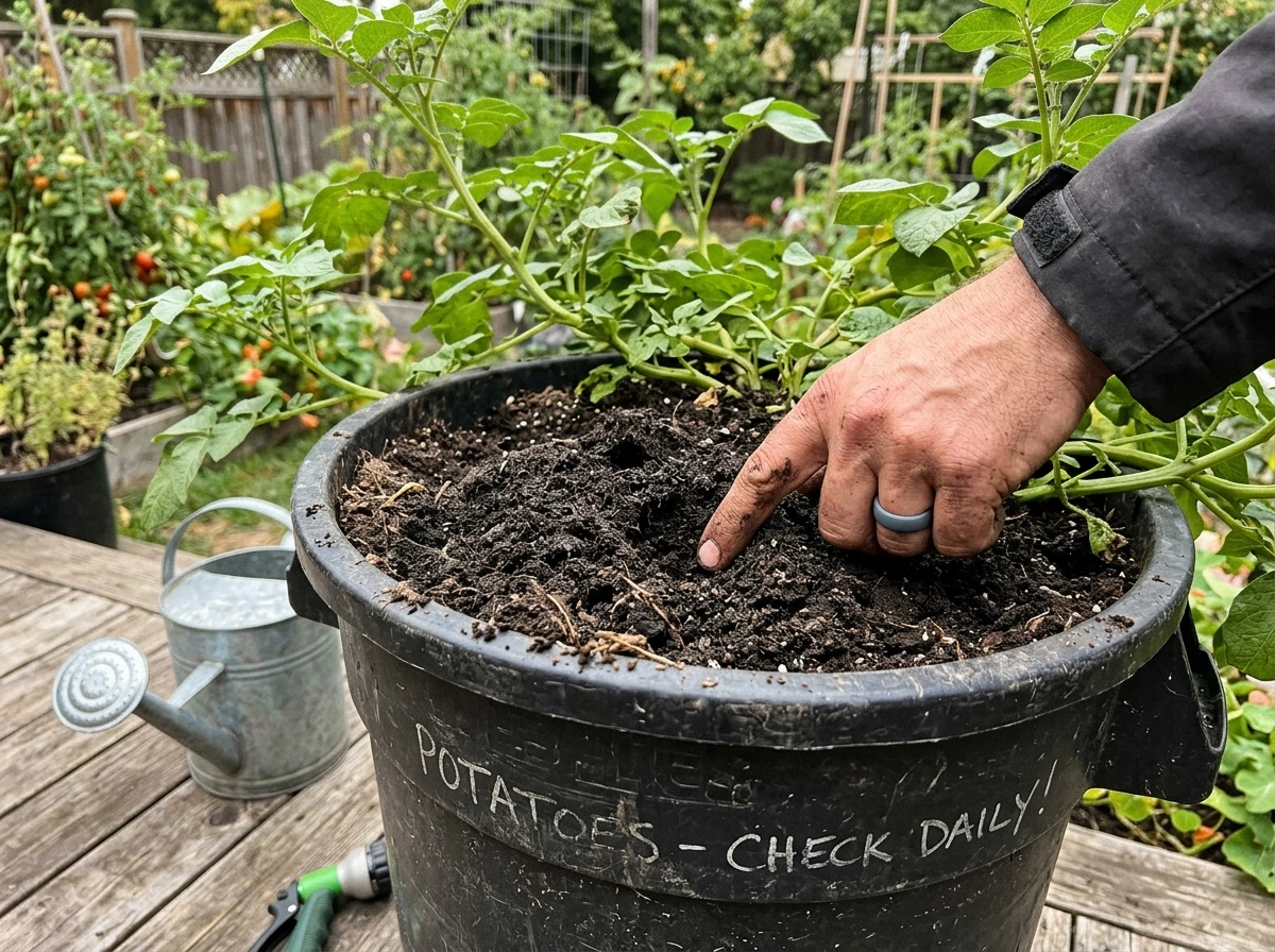 Checking moisture by pressing soil in a trash can planter
