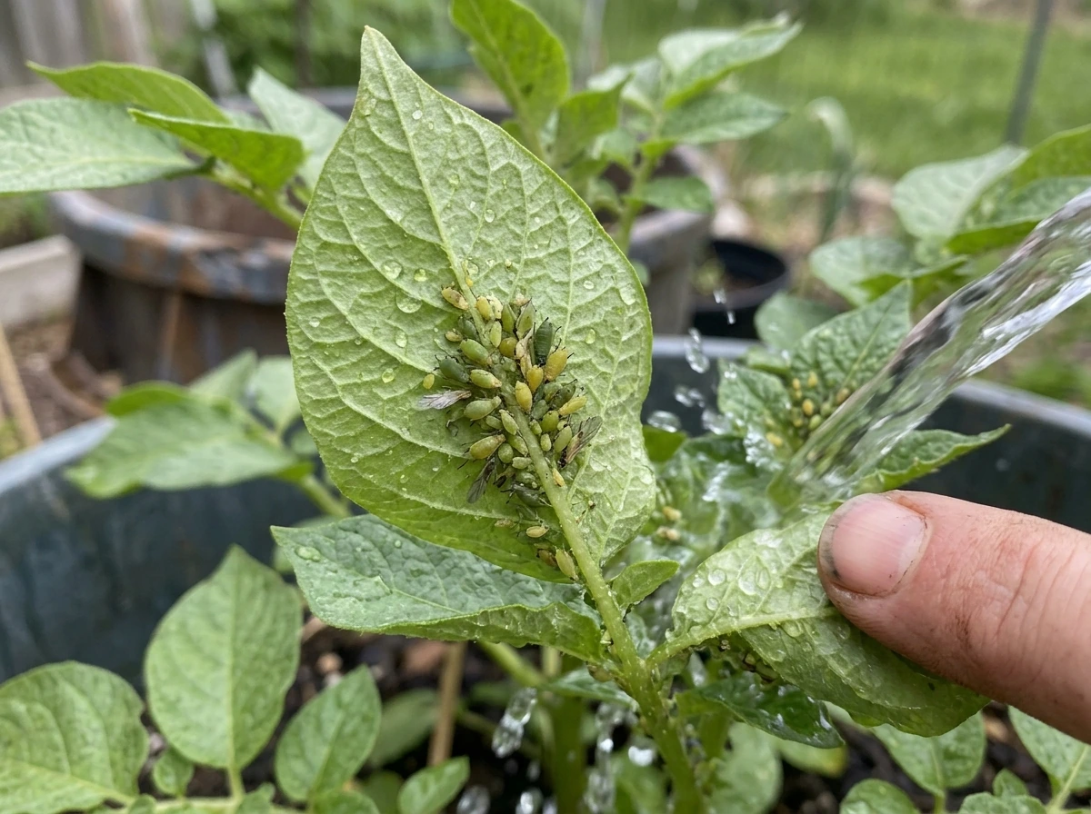 Aphids on underside of potato leaves with a simple knock-off response