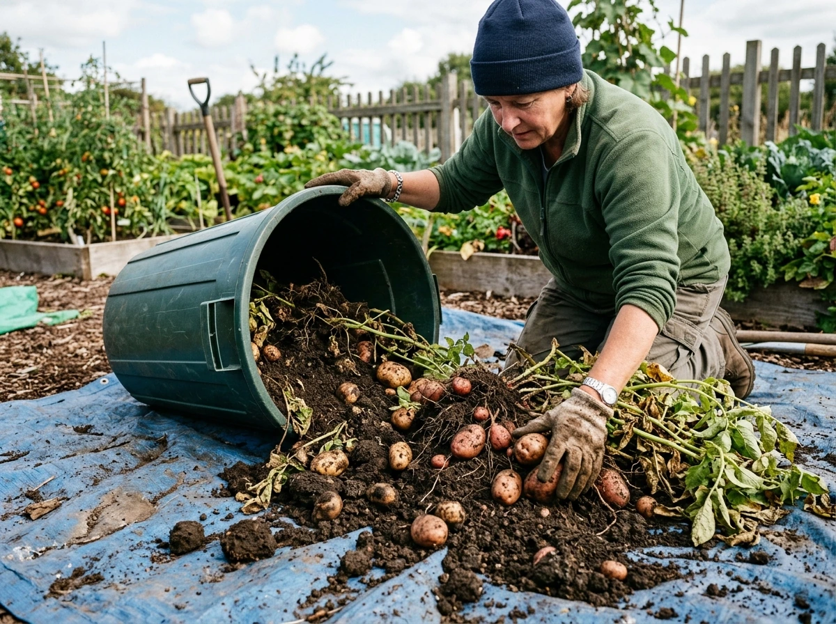 Harvested potatoes after tipping the trash can onto a tarp