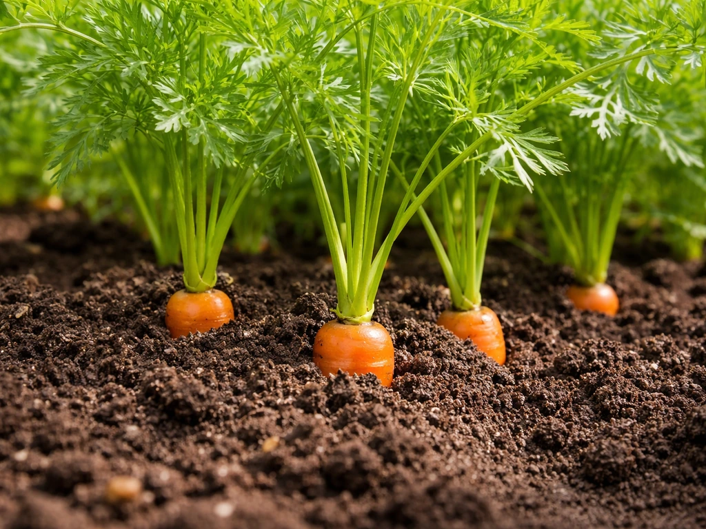 Close-up of healthy carrot tops and a few carrots partially emerging from loose, fertile soil.