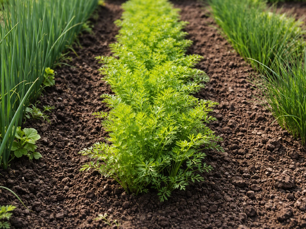 Carrots growing in the same garden bed alongside alliums like onions/leeks and chives.