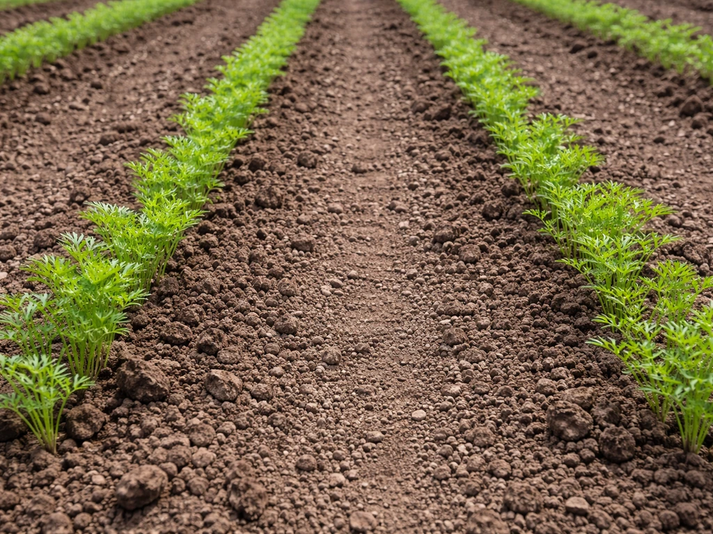 Garden bed with evenly spaced carrot seedlings in parallel rows showing proper row spacing distance.