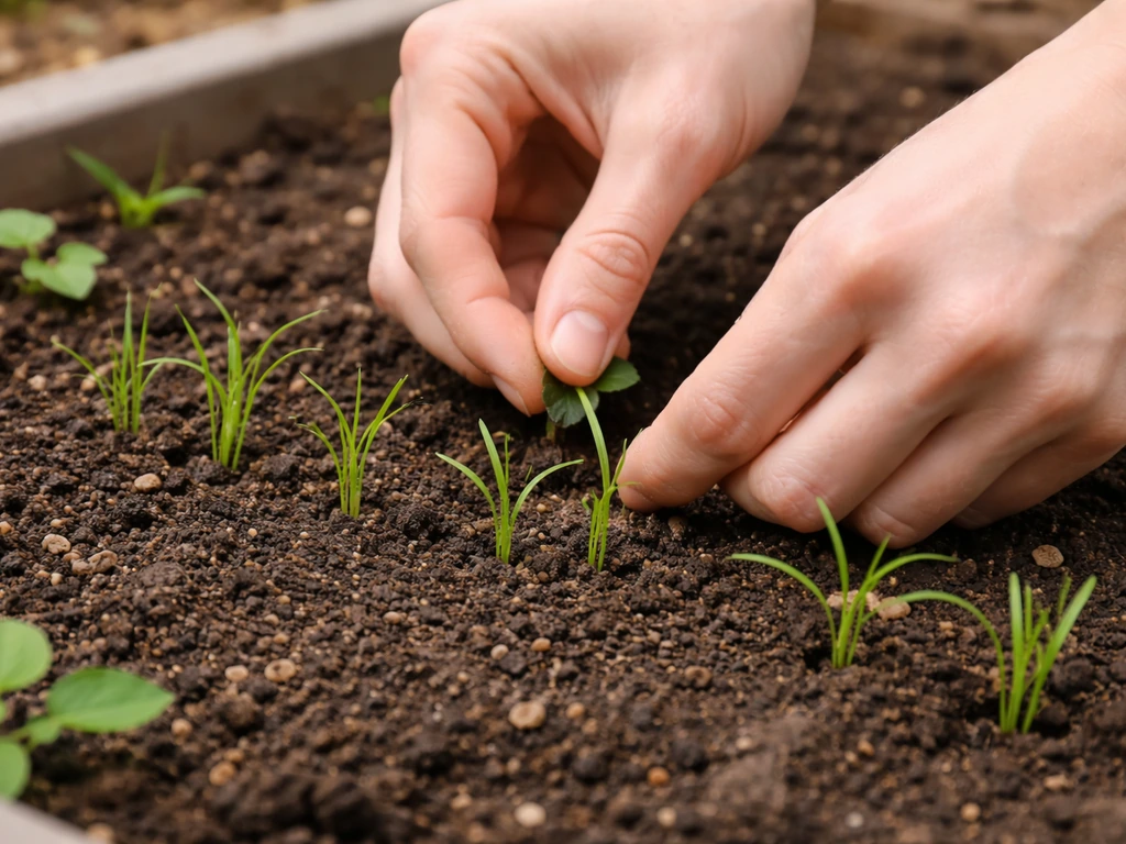 Hands gently thinning grass-like carrot seedlings in a garden bed to promote straight growth.