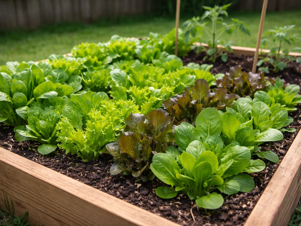 Raised home garden bed with dense, vigorous leafy greens showing early fast growth potential.