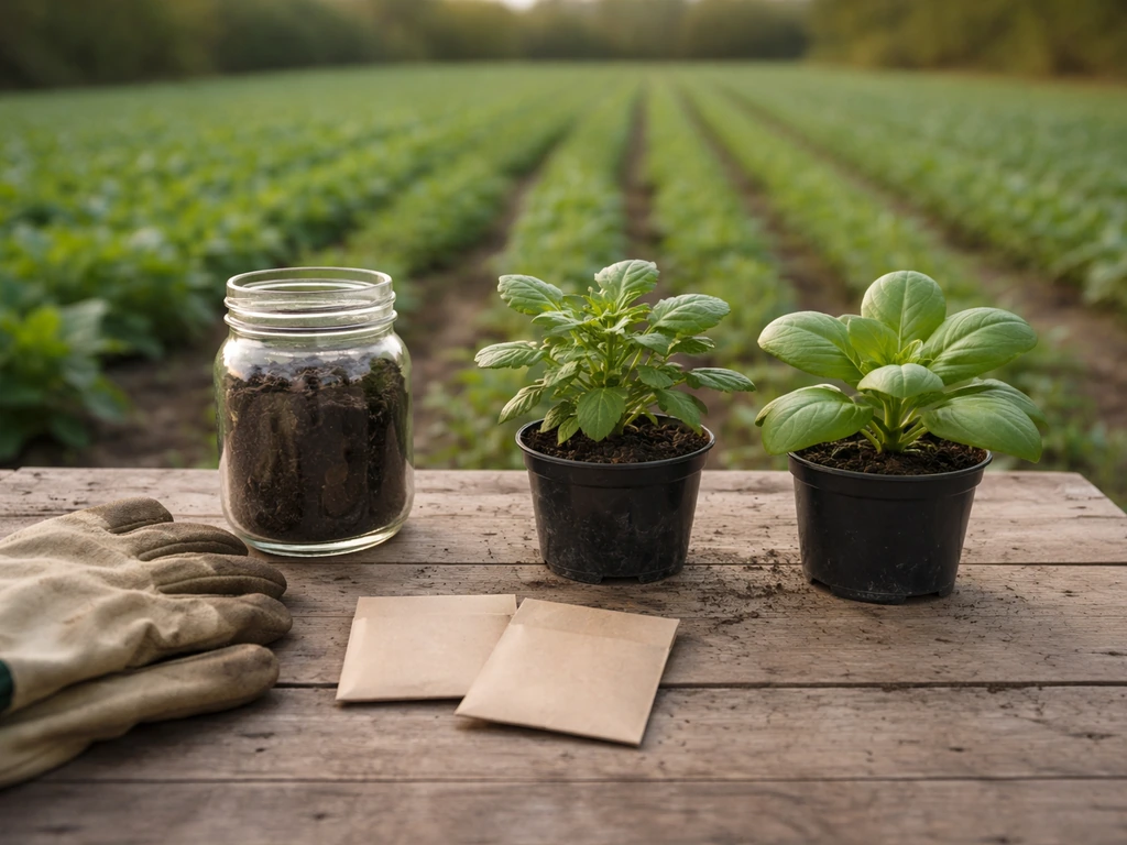 Minimal outdoor farm table with soil, gloves, and two potted plants showing different growth patterns.
