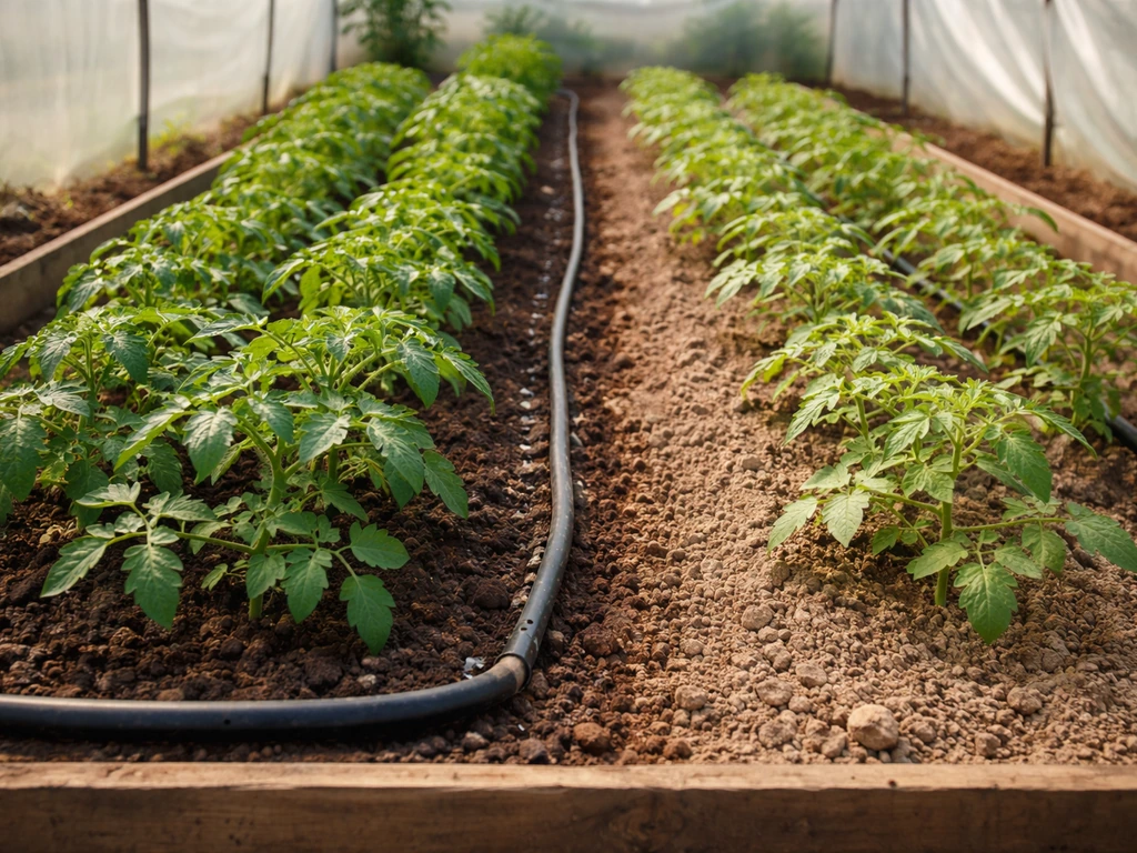 Tomato plants in two greenhouse rows showing different growth from soil moisture and irrigation timing.