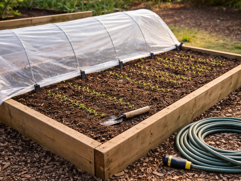 Freshly loosened garden bed with a clear row cover protecting tiny seedlings in warm morning light