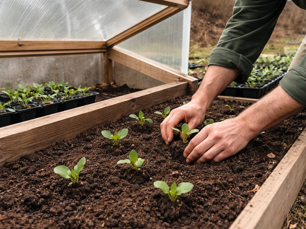 Hands placing seedlings into a simple cold frame covered with clear plastic before spring harvest