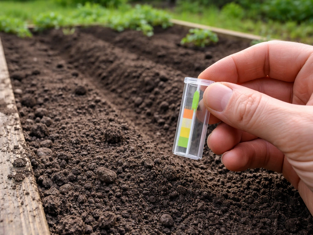 Hand holding a soil pH strip beside a garden bed prepared for tomatoes and beets.