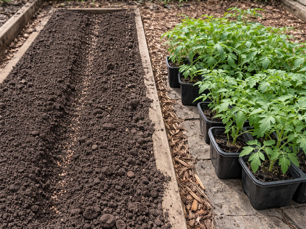 Beet seeds in one bed section and tomato seedlings in neighboring containers, showing timing plan at home garden.