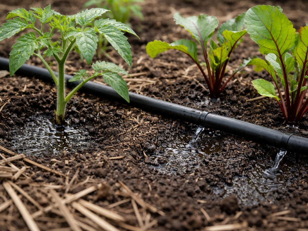 Drip irrigation watering base of tomato and beet plants in a tidy garden bed