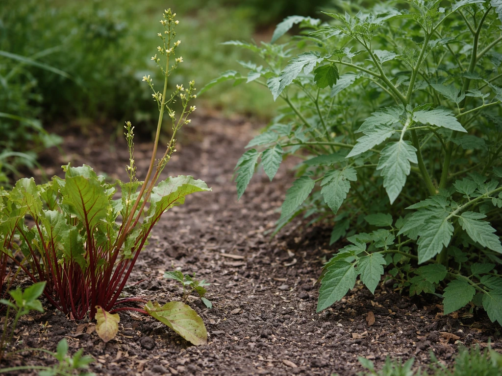 Close-up of beet plant leaves with a nearby bolting stem and a neighboring tomato plant with leafy growth but no fruit.