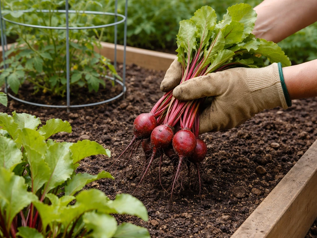 Gardener lifts beet greens from soil beside undisturbed tomato cages in a raised bed.