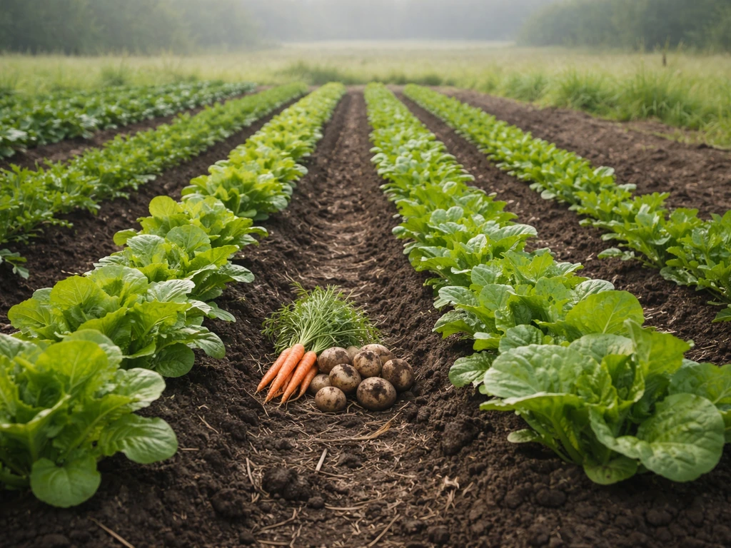 Cultivated vegetable crop rows in a farm plot, showing land being used to grow edible harvests.