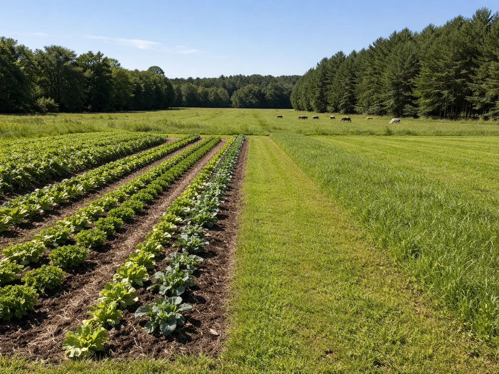 Split view of a small field with crops beside grazing pasture and a timber line, showing different land uses.