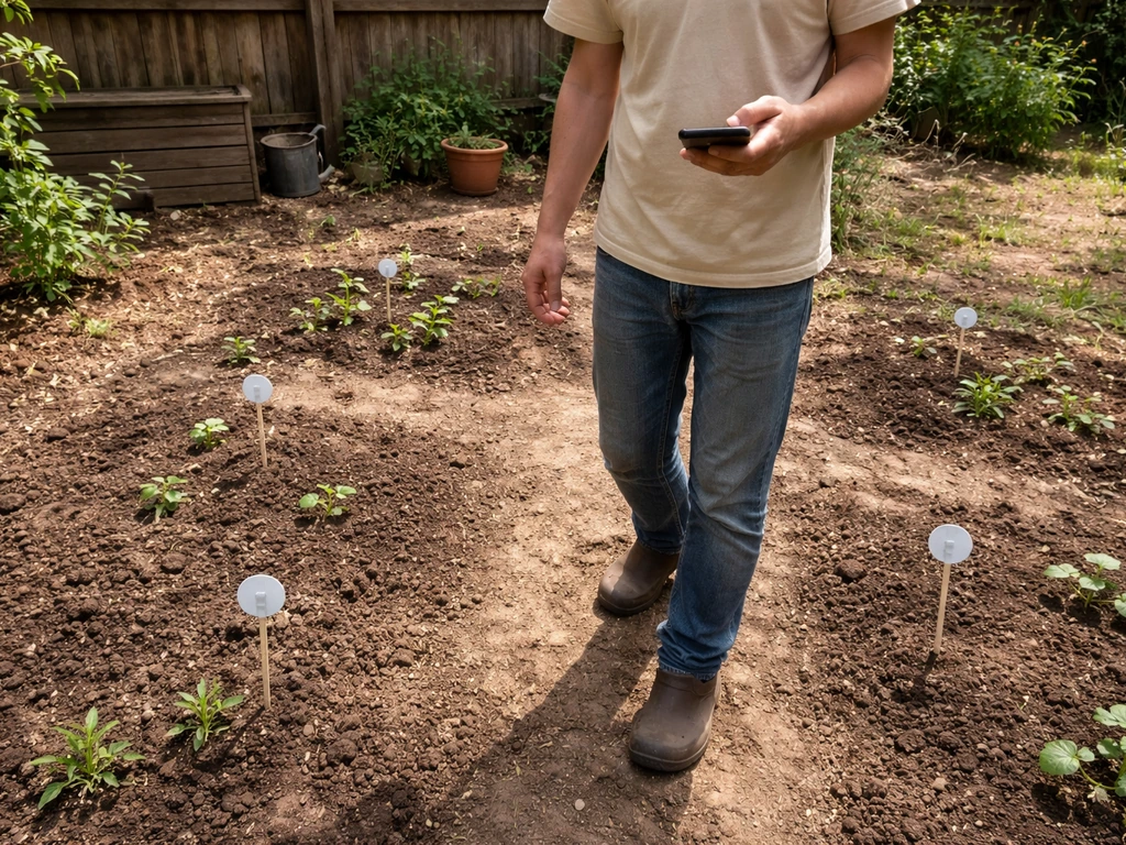 Anonymous person in a backyard garden using a phone and small stakes to assess sunlight on soil beds.