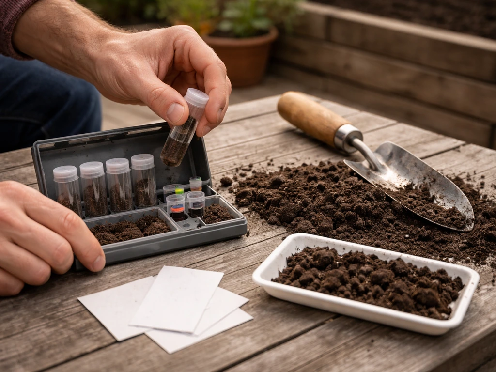 Gardening tools and a soil sample kit laid out beside dark soil for planning and testing.