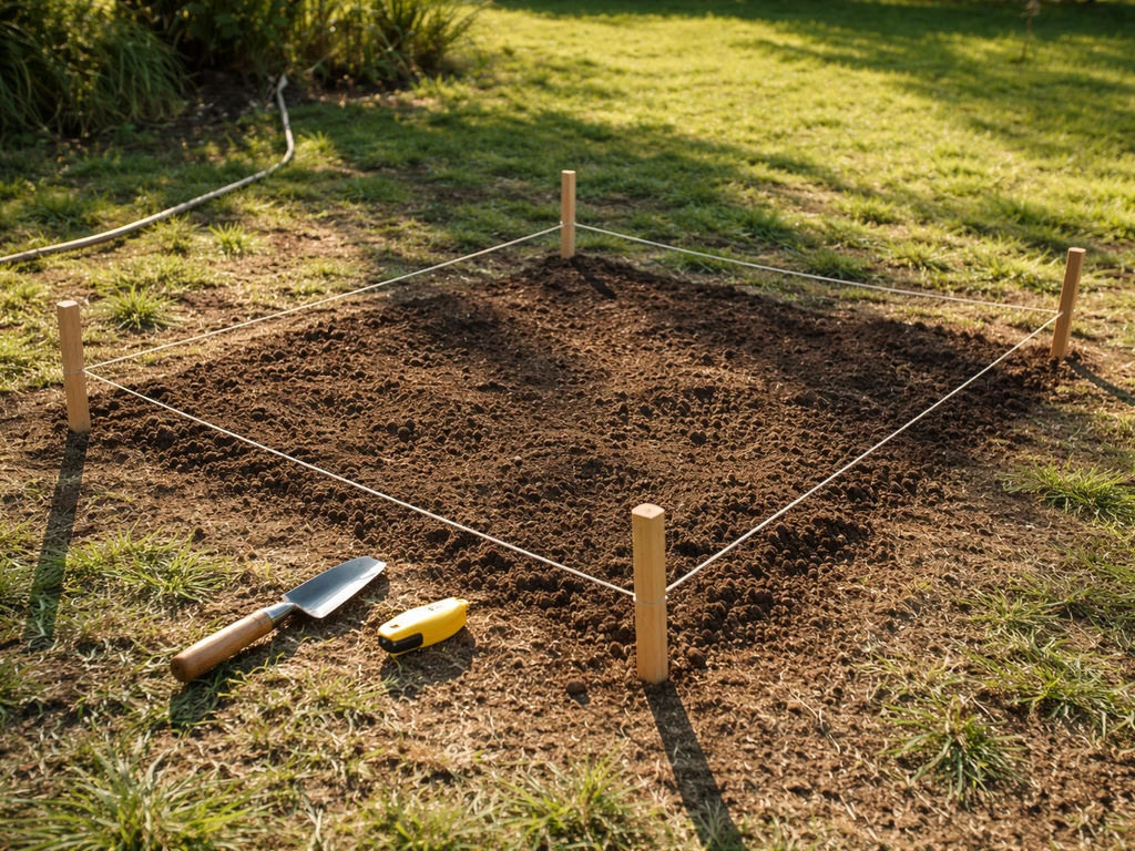 Marked garden plot with stakes and string while sun casts shadows and a hose indicates water access.