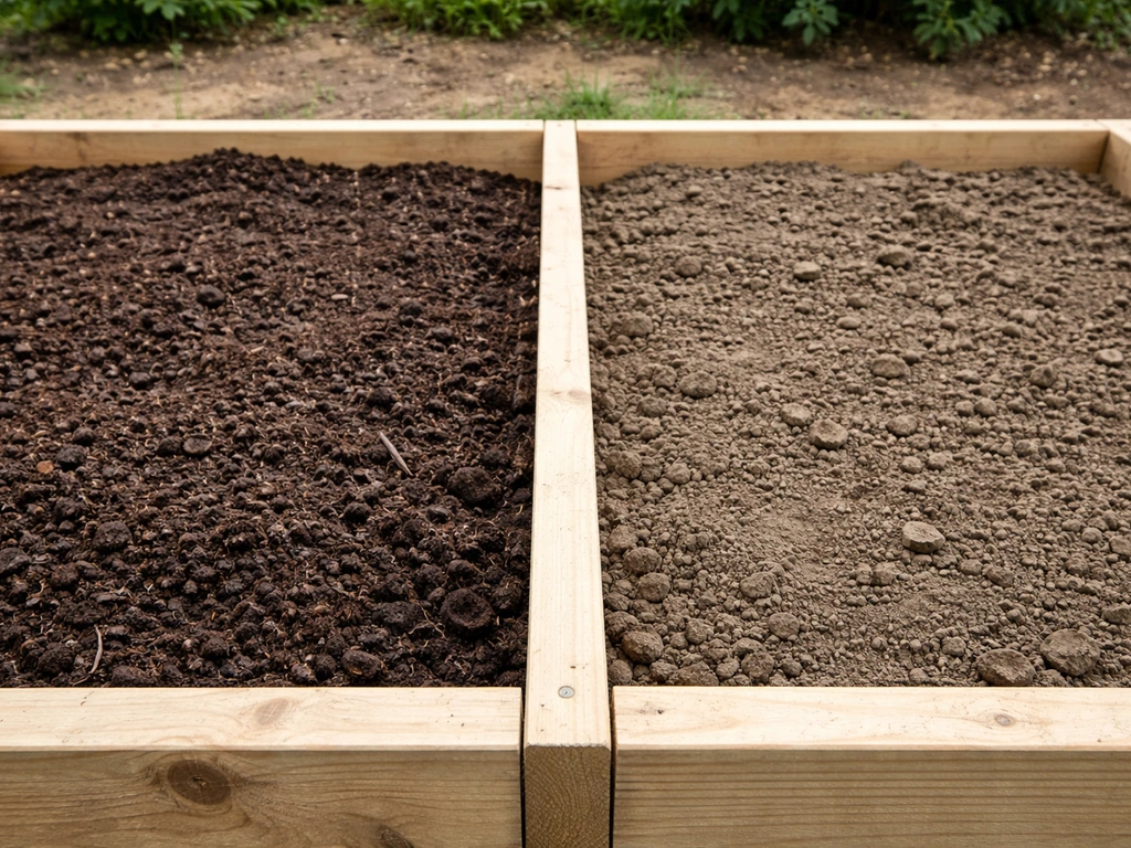 Two raised bed trays side-by-side: compost-rich mix on one side, compacted garden soil on the other