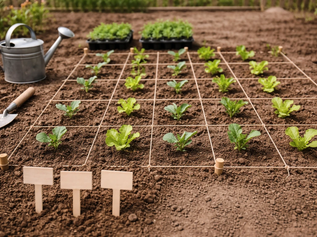 Close-up of staggered seedling rows in a garden bed showing clear spacing for succession planting.