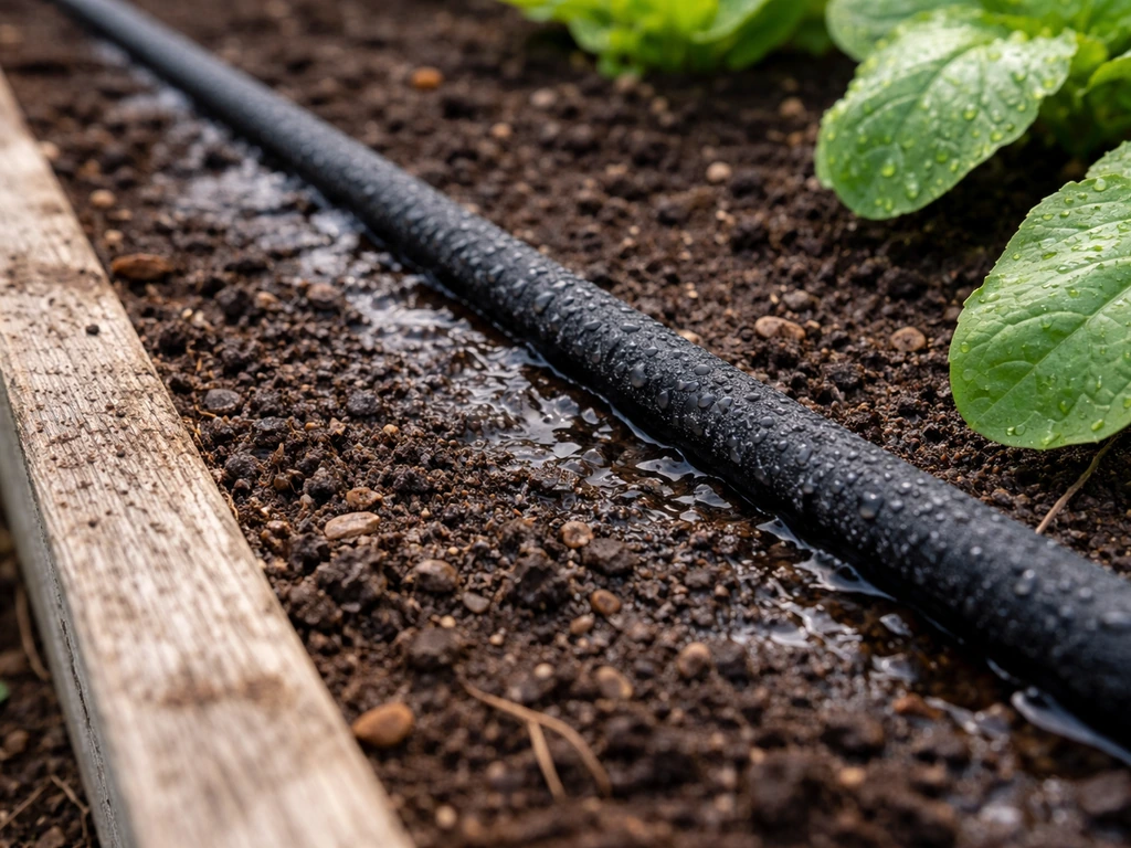 Close-up of a drip irrigation line with fresh damp soil in a vegetable garden bed.