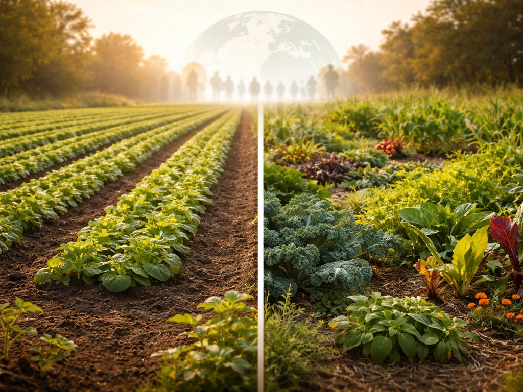 Productive farm field beside diverse crops, with a subtle globe-and-people silhouette suggesting feeding everyone.