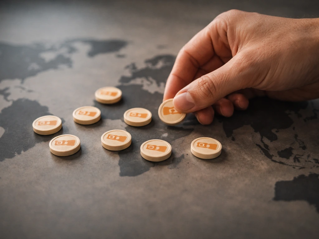 Minimal photo of a hand placing calorie icon tokens over a dim world map backdrop, symbolizing global hunger numbers.