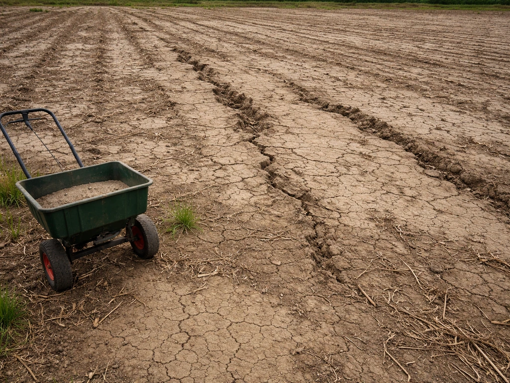 Dry, cracked soil with erosion rills in a farm field and a fertilizer spreader at the edge.