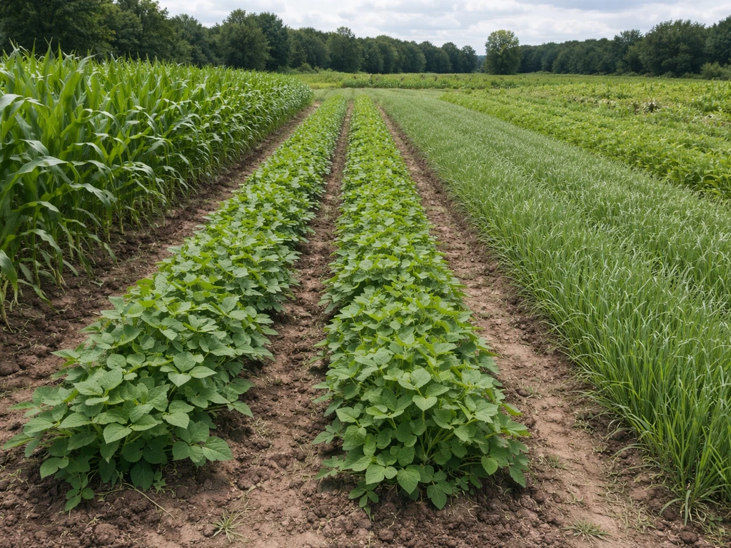 A farm field with adjacent beds showing corn, soybean, and small grain cover crop growth phases.