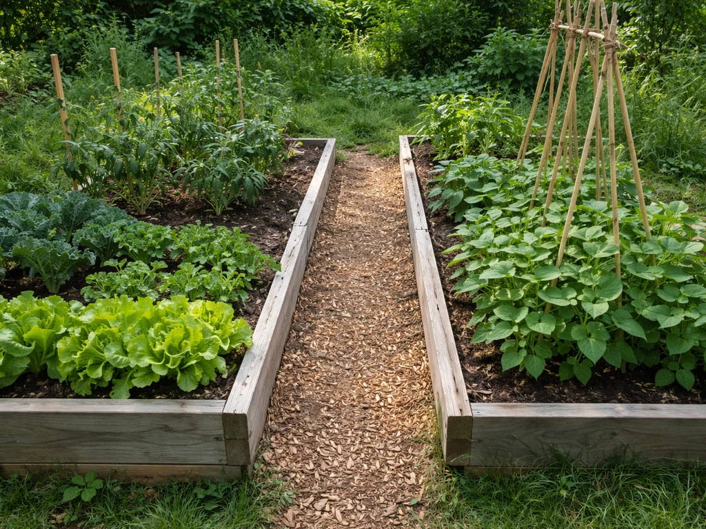 Small home kitchen garden with raised beds of mixed vegetables and legume plants, simple soil-focused scene