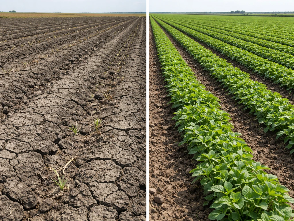 Split farm field: empty dry seed bed beside a healthy green crop row