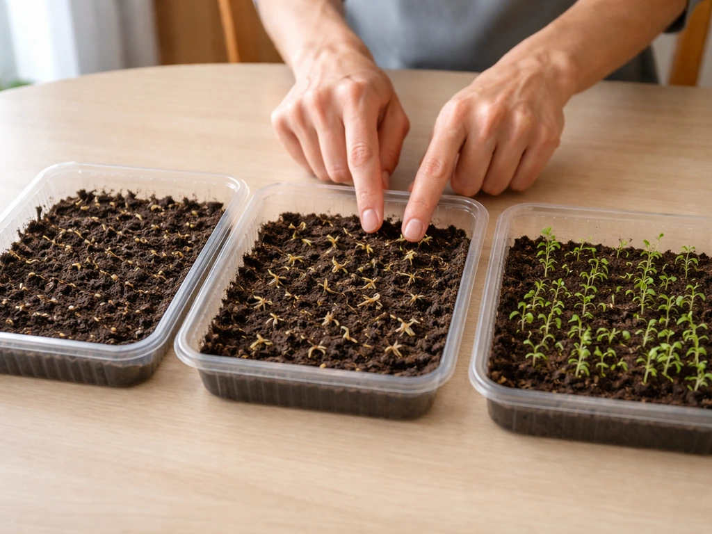 Hands point to three seed-start trays showing no sprouts, stopped sprouts, and stunted seedlings.
