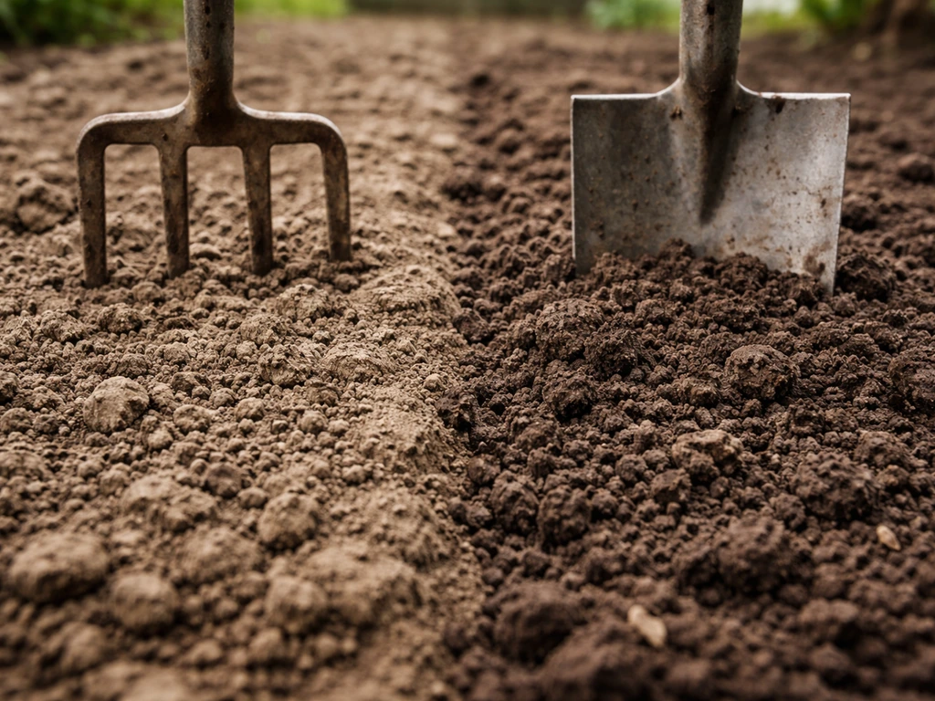 Close-up of compacted vs loosened garden soil, with a fork and shovel showing poor root penetration.