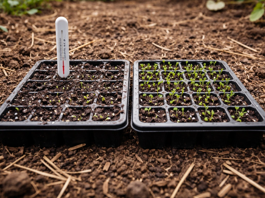Close-up of two seed trays in soil, one with sparse sprouts and a soil thermometer probe.