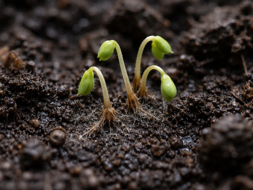 Macro view of damp soil with collapsed seedling stems at the ground line from damping-off.