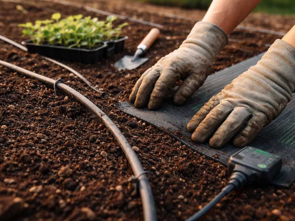 Gloved hands adjusting a soil heating mat and watering line in a prepared garden bed