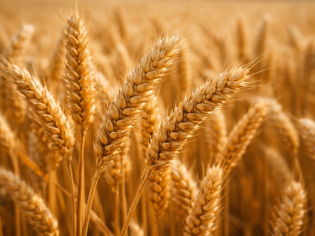 Close-up of golden wheat heads in a field, grains ready for harvest in warm natural light.