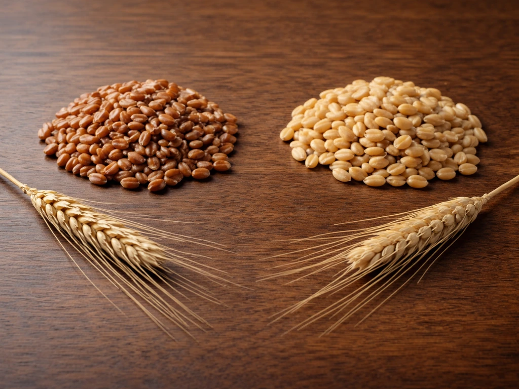 Two small wheat kernel piles and two wheat heads side by side on a dark wooden table for comparison.