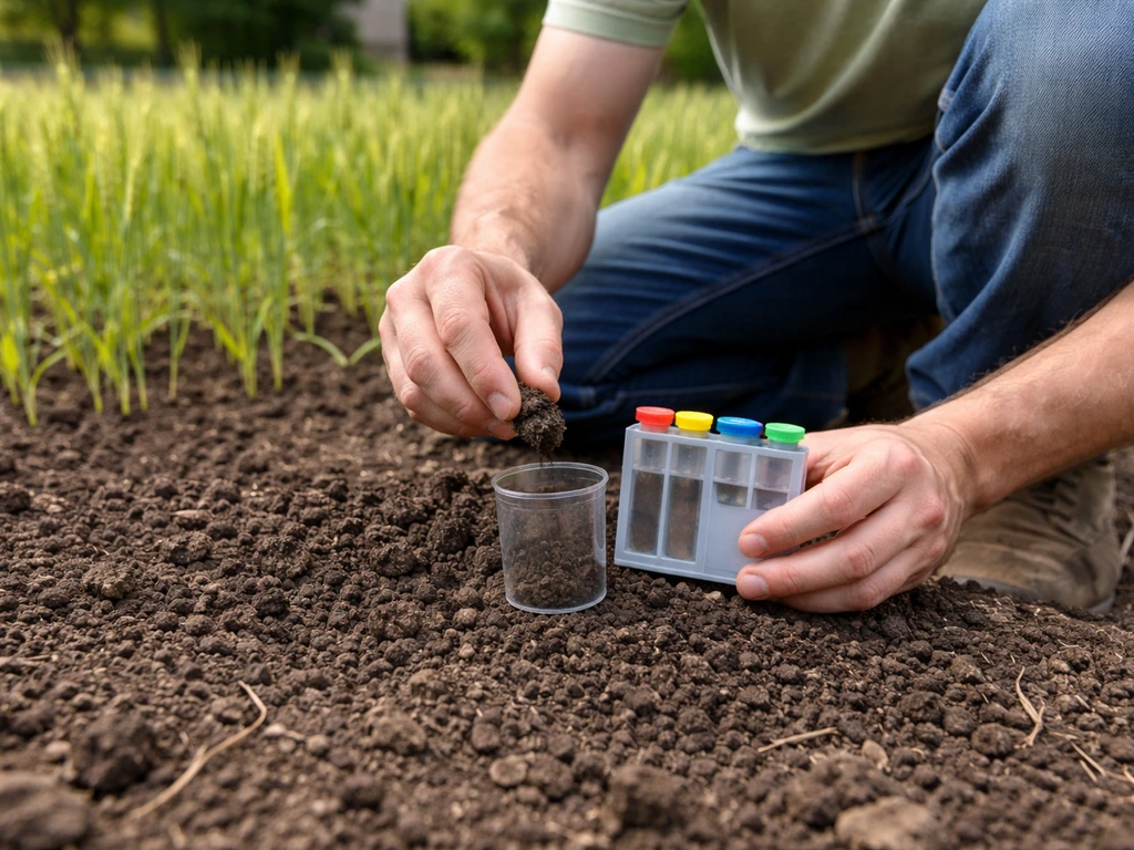Gardener testing dark garden soil with a soil test kit beside wheat seedlings.