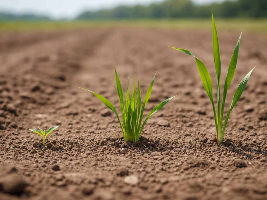 Minimal field row with cereal plants at germination, tillering, and early stem-elongation stages.