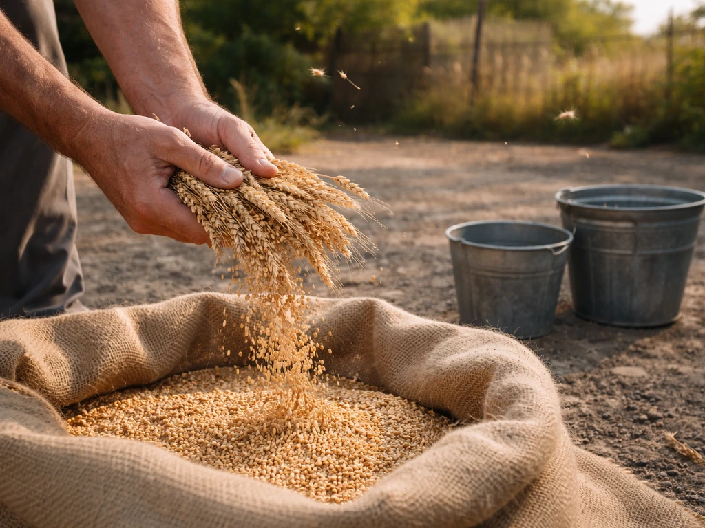 Close hands threshing wheat seed heads into a burlap sack, with buckets nearby for winnowing.
