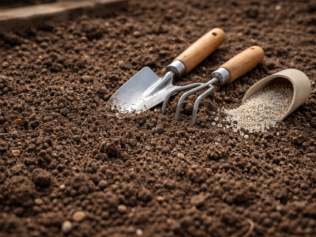 Close-up of loose, well-drained seedbed soil with small garden hand tools and a simple soil amendment