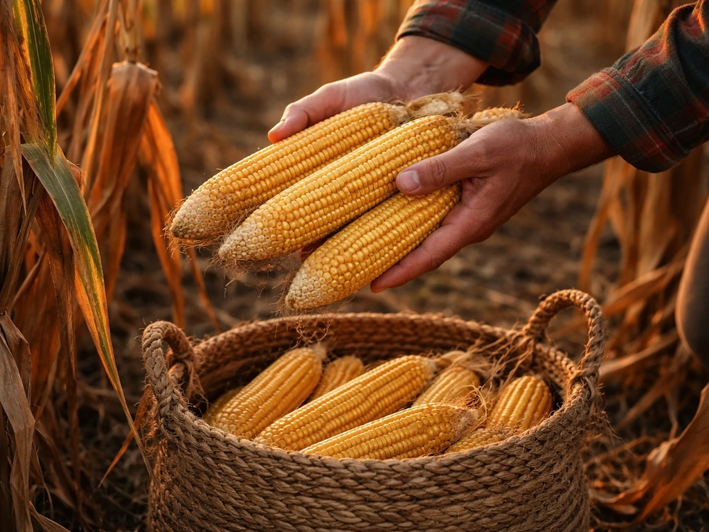 Hands holding harvested ears of corn above a small basket in a mature cornfield.