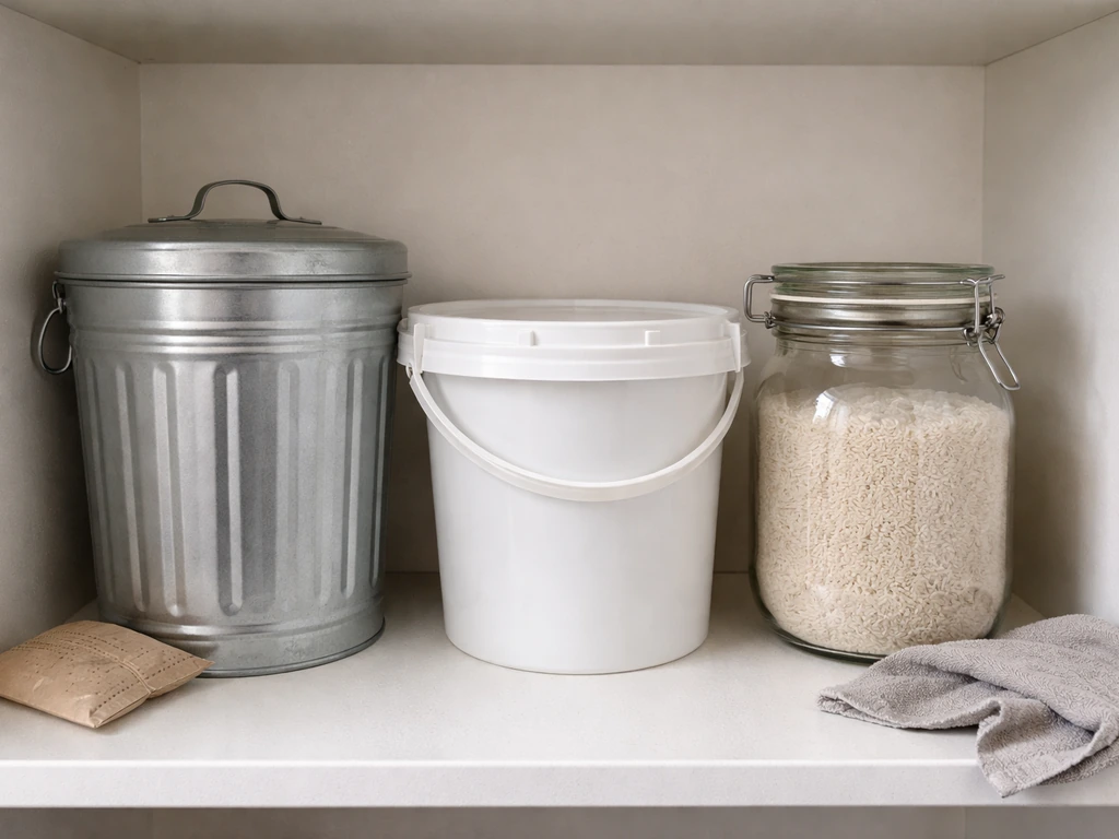 A row of airtight containers with lids, including metal and plastic buckets, in a clean pantry setting.