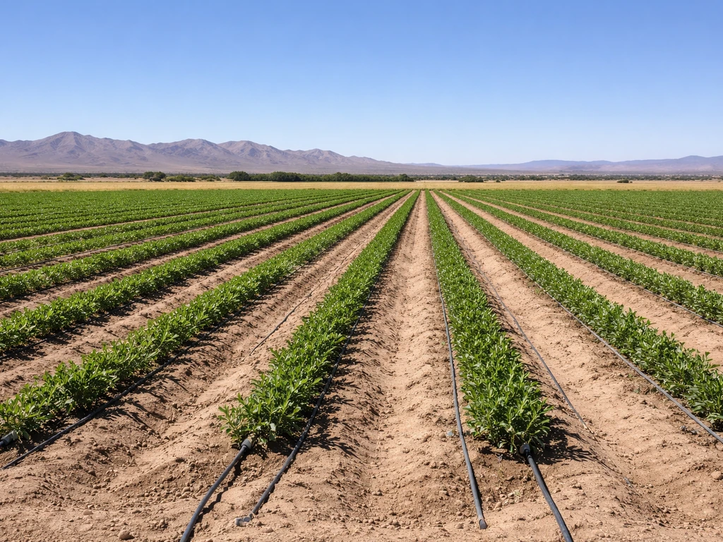 Sunlit irrigated crop rows in a desert farm landscape near Kingman, Arizona.