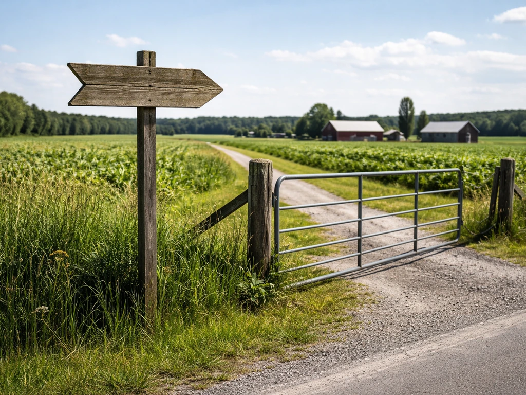 Weathered roadside direction sign and rural farm gate suggesting a specific Kingman Farms location.