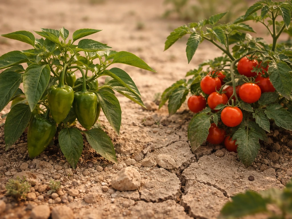 Close-up of healthy pepper and tomato plants growing in dry desert soil