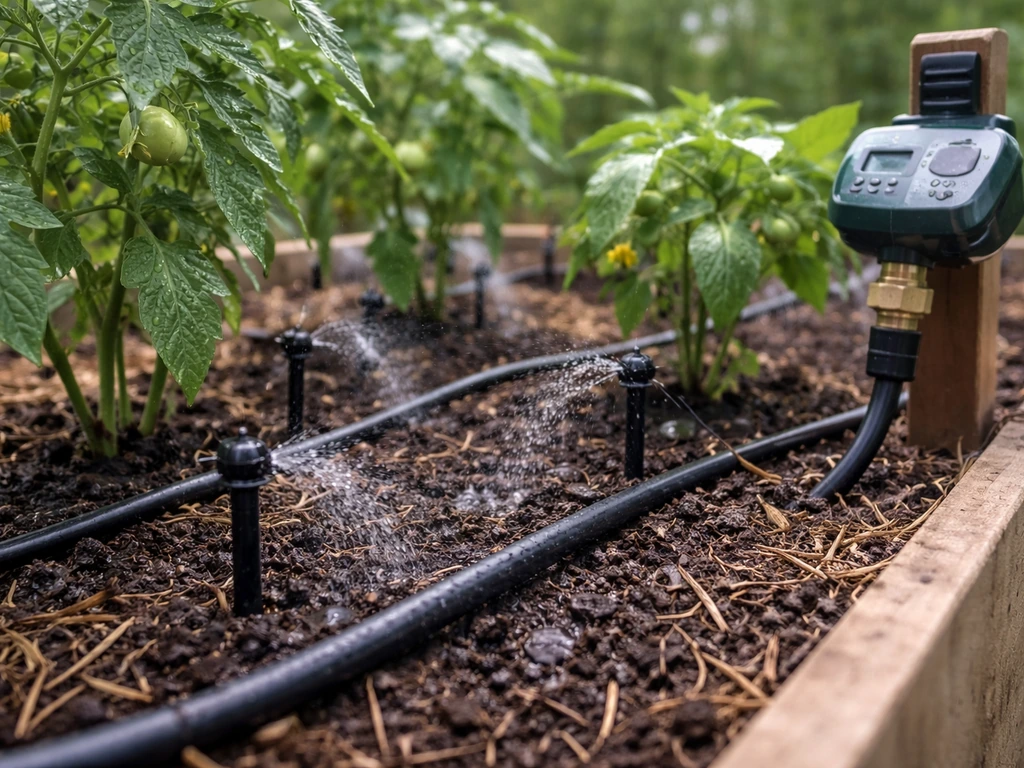 Home vegetable garden bed with drip irrigation tubing and emitters watering tomatoes and peppers.